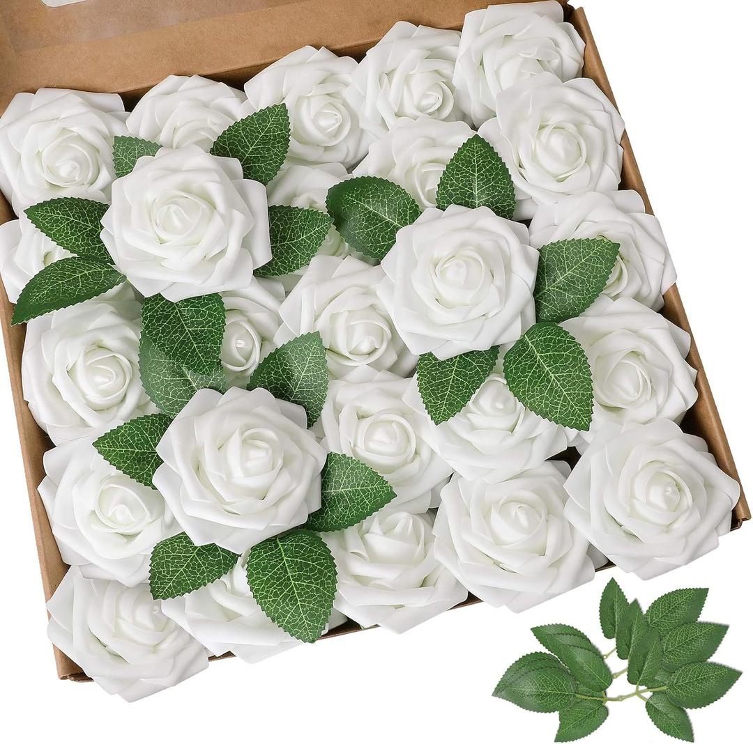AmyHomie Artificial Flower 50pcs Real Looking Fake Roses w/Stem for DIY Wedding Bouquets Centerpieces Arrangements Party Baby Shower Valentines Day Christmas Tree Decorations, White