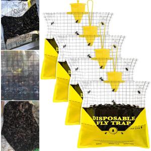 Glovv Fly Traps Outdoor Hanging with Fly Bait, 4 Pack Disposable Bags Hunter Ranch Trap, Flies Control Bug Catcher Killer Repellent for Stable Horse Barn & Farm