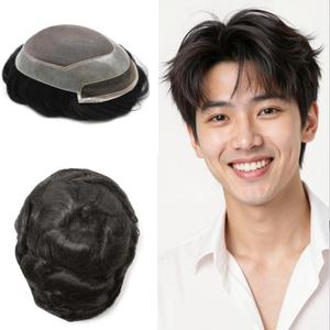 Hair Piece For Men French Lace Front Mens Hair System Hairpiece Fine Mono Human Hair Bleached Knots 6X9#1B10#1B Off Black+10% Grey-120% Light Medium To Medium Density