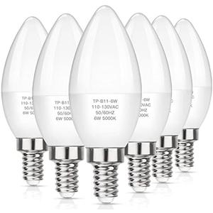 MAXvolador E12 LED Candelabra Light Bulbs 60W Equivalent, Daylight White 5000K 600 Lumen Chandelier Bulb, 6W B11 Candle Base, Non-Dimmable, Pack of 6