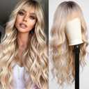 Ombre Blonde Wigs with Bangs,Long Curly Wig for Women,Blonde Long Wavy Wig Synthetic Hair Wig for Party Cosplay Daily Use 24IN