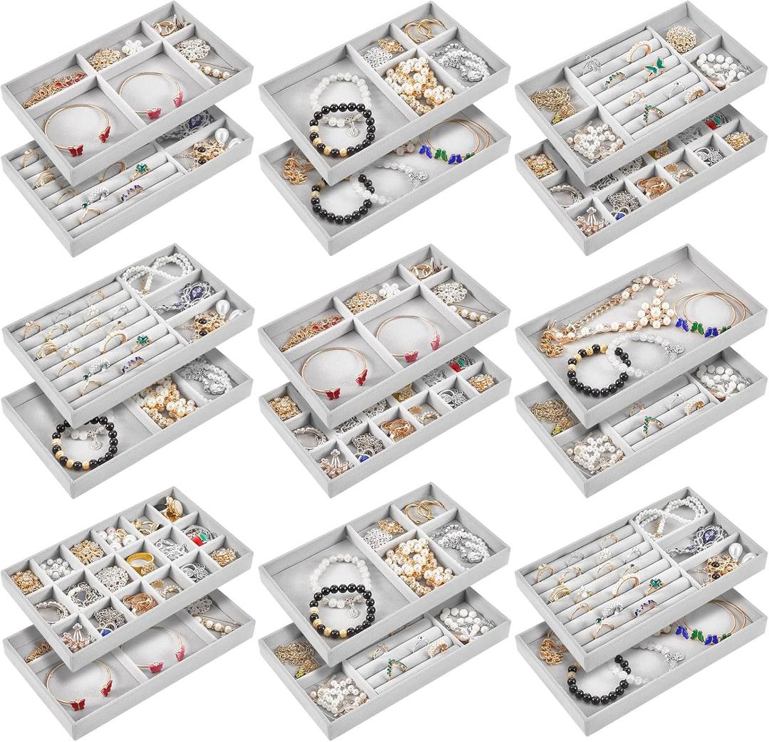 Junkin 18 Pcs Velvet Jewelry Tray Stackable Jewelry Drawer Organizer Jewellery Box Divided Display Tray for Earring Bangle(Gray)