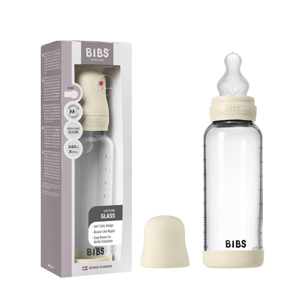 BIBS Baby Glass Bottle. 8 US fl oz / 240 ml. Anti-Colic. Vented Round Silicone Nipple. Supports Natural Breastfeeding, Medium Flow, Complete Set - Ivory
