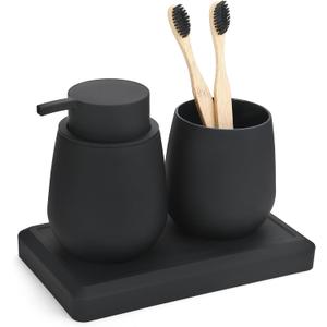 Black Bathroom Accessories Set, Modern 3 Pcs Bathroom Essentials - Soap Dispenser, Toothbrush Holder & Tray, Countertop Vanity Organizer (Black)