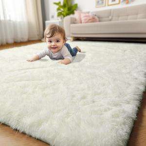 Amdrebio Ivory Rugs for Living Room Bedroom, 6x9 Soft Fluffy Area Rug for Kids Nursery, Furry Fuzzy Plush Shaggy Cream White Carpet for Classroom Playroom Home Decor, Cute Modern Thick Neutral Rug