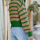 Saodimallsu Womens Cropped Cardigan Striped Open Front Long Lantern Sleeve Color Block Loose Chunky Knit Sweater Coat (Green)