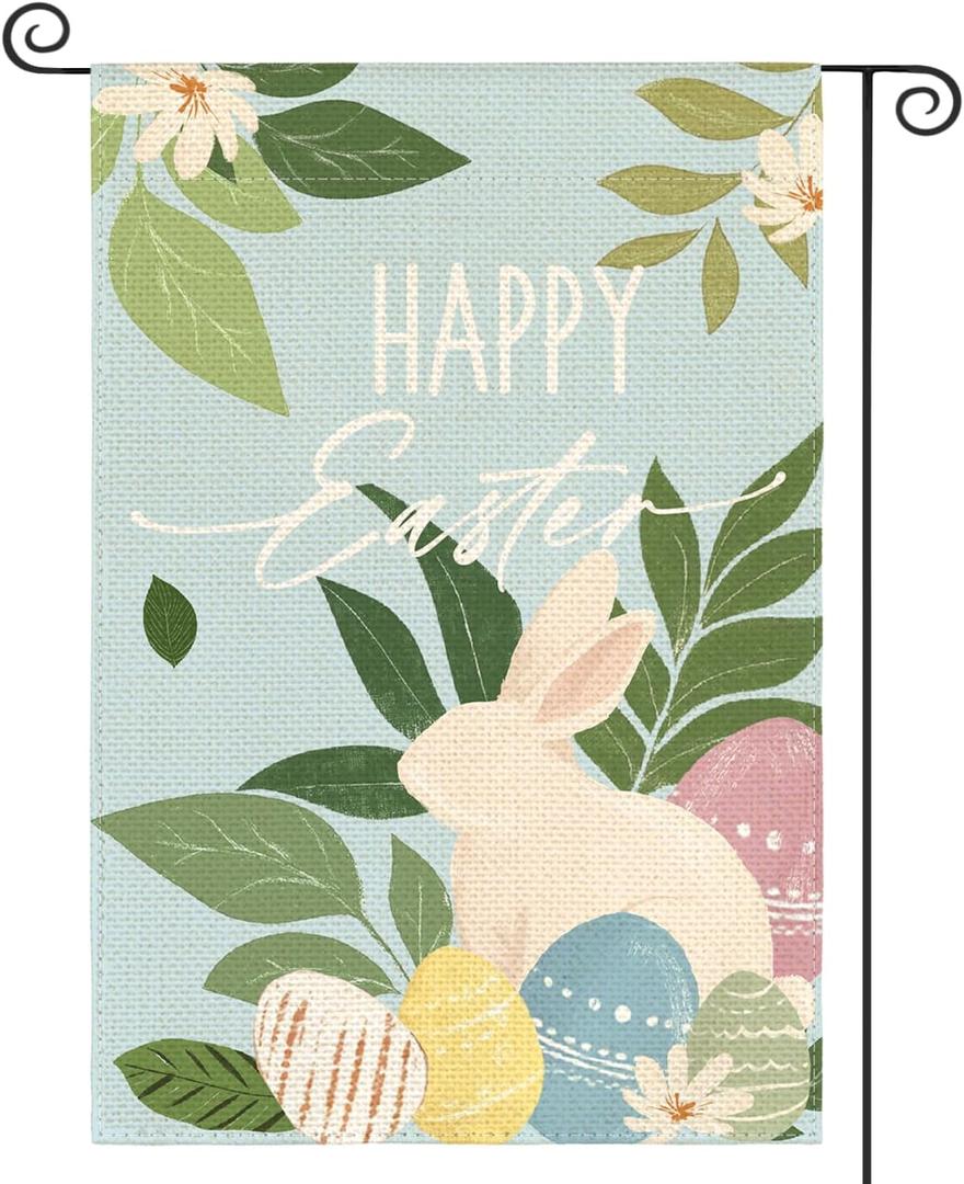 3 x AVOIN colorlife Happy Easter Garden Flag 12x18 Inch Double Sided Outside, Bunny Rabbit and Eggs Floral Yard Outdoor Flag Blue