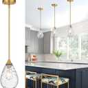 Glass Pendant Lights Kitchen Island, 1-Light Modern Brushed Gold Pendant Light Fixtures with Hammered Glass and Rods, Small Hanging Light for Kitchen Sink Dining Room Bathroom