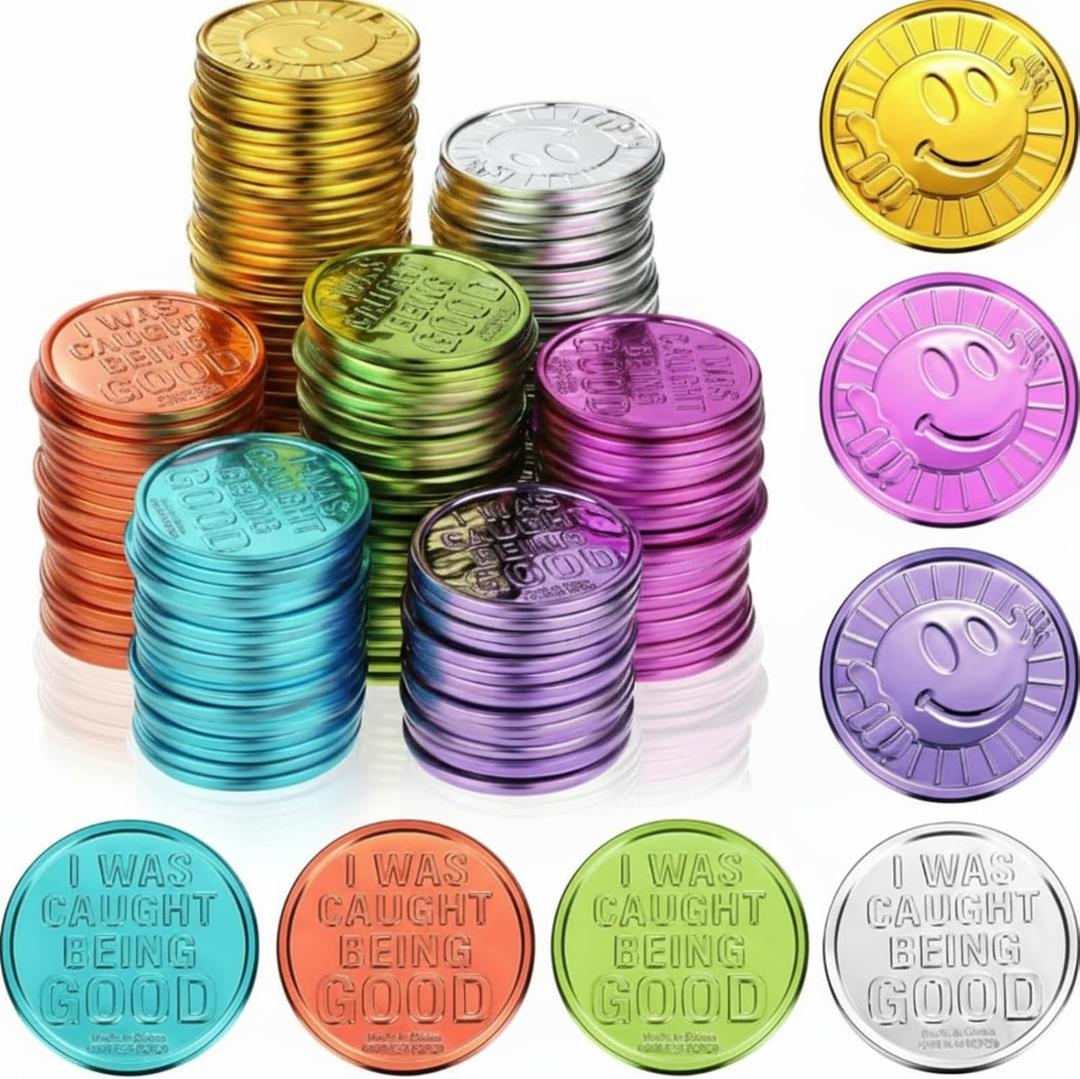 Civaner 300 Pcs Kids Caught Being Good Coins Smile Face Behavior Tokens Classroom Behavior Incentive Plastic Coins Gift Reward Tokens for School Student Prize Play Counting Party Supplies