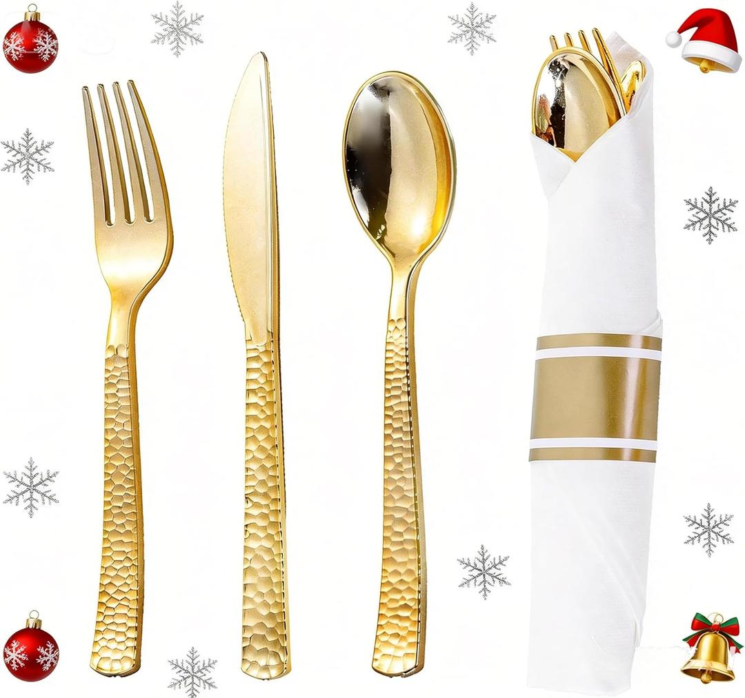 WELLIFE 50 Pack Gold Plastic Silverware with Pre Rolled Napkins,Hammer Pattern Design,Plastic Cutlery Includes: 50 Forks,50 Knives,50 Spoons,50 Napkins,Gold Silverware Disposable for Christmas