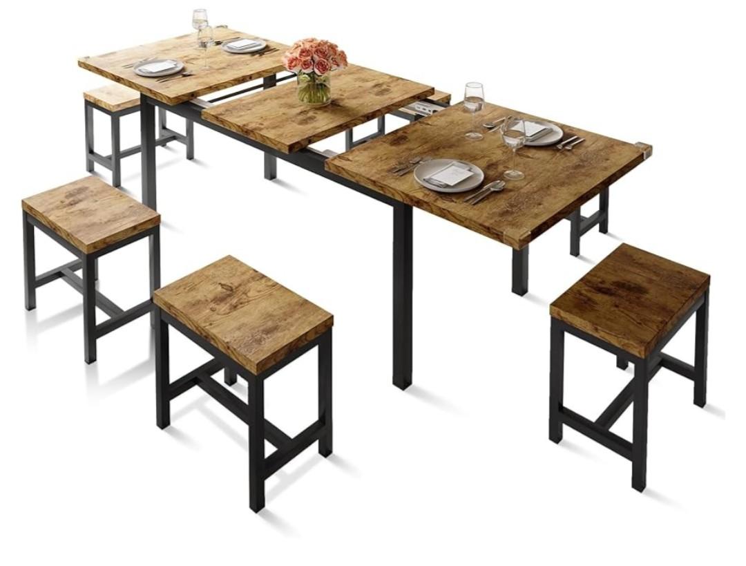 Farmhouse Dining Table Set, 63-inch extendable Dining Table with 2 Benches and 2 stools, Metal and Wood Brackets Suitable for Kitchens and Restaurants(Brown,7-Piece(6 Stools))