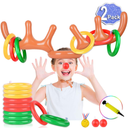 2 Set Inflatable Reindeer Antler Game (2 Reindeer Antler Hat with 12 Ring Toss, 2 Red Reindeer Nose, 1 Medal and 1 Hand-held Pump) Great Family Christmas Party Games