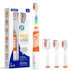 SEAGO Kids Electric Toothbrush with 2 Mins Brushing Timer and 4 Replacement Bursh Heads, Rainbow LED Light Make Brushing Fun, Boys Battery Powerd Toothbrush for 4-12 Years OldSG-977(Orange)