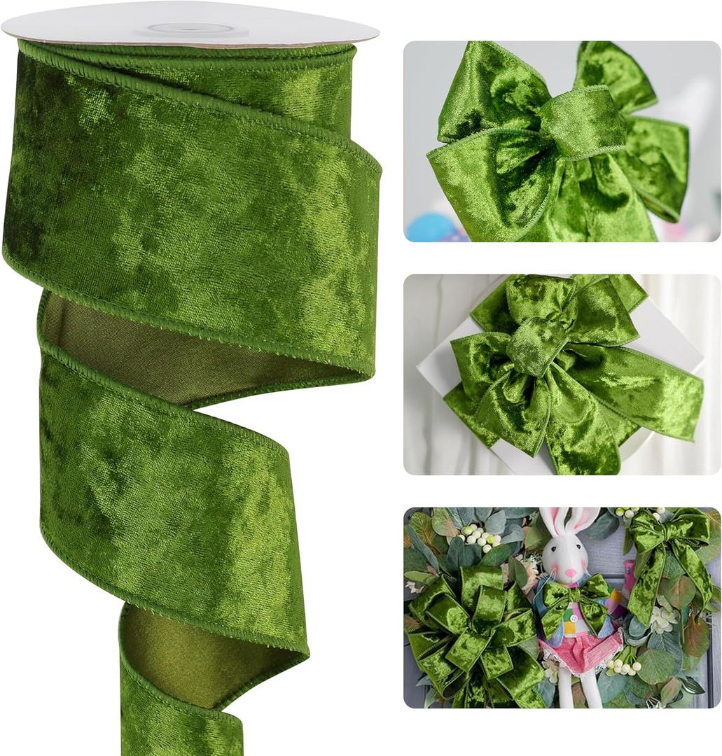 2 x HUIHUANG Moss Green Velvet Wired Ribbon 2-1/2 inch, Light Moss Wire Edge Ribbon for Spring Wreaths, Bows Making, Gift Wrapping, Gift Basket, Garland, Crafts, Easter Decor-Continuous 10 Yards/Roll