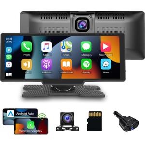 Portable Car Radio Wireless Carplay Car Screen with Dash Cam, 9.3'' IPS Touch Screen Android Auto 1080p Backup Camera Dual Bluetooth GPS Mirror Link/Siri/FM/AUX Dash Mount