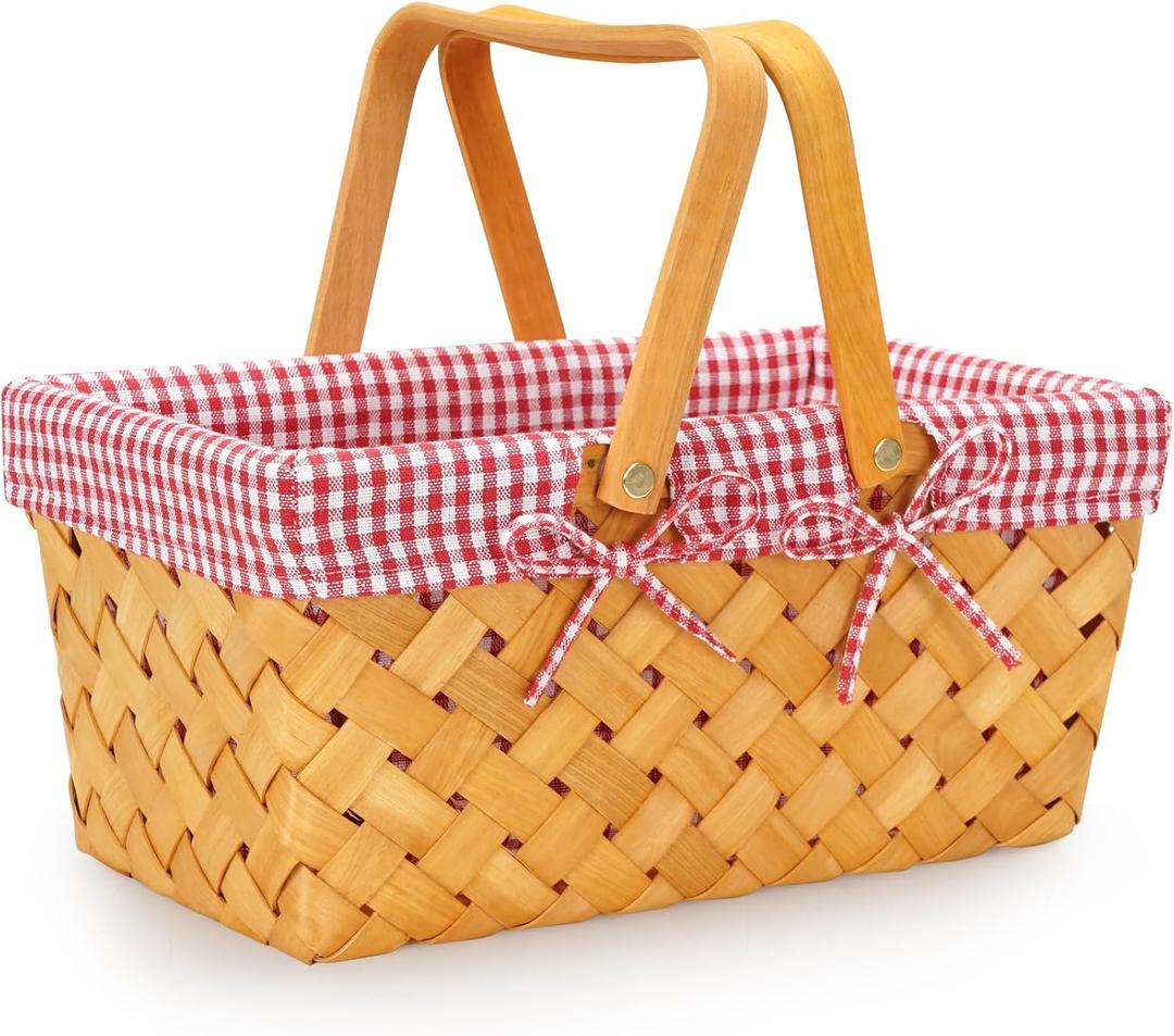 G GOOD GAIN Woodchip Picnic Basket with Folding Handle, Natural Hand Woven Easter Basket, Easter Eggs and Easter Candy Basket, Bath Toy and Kids Toy Storage, Gift Packing Basket.