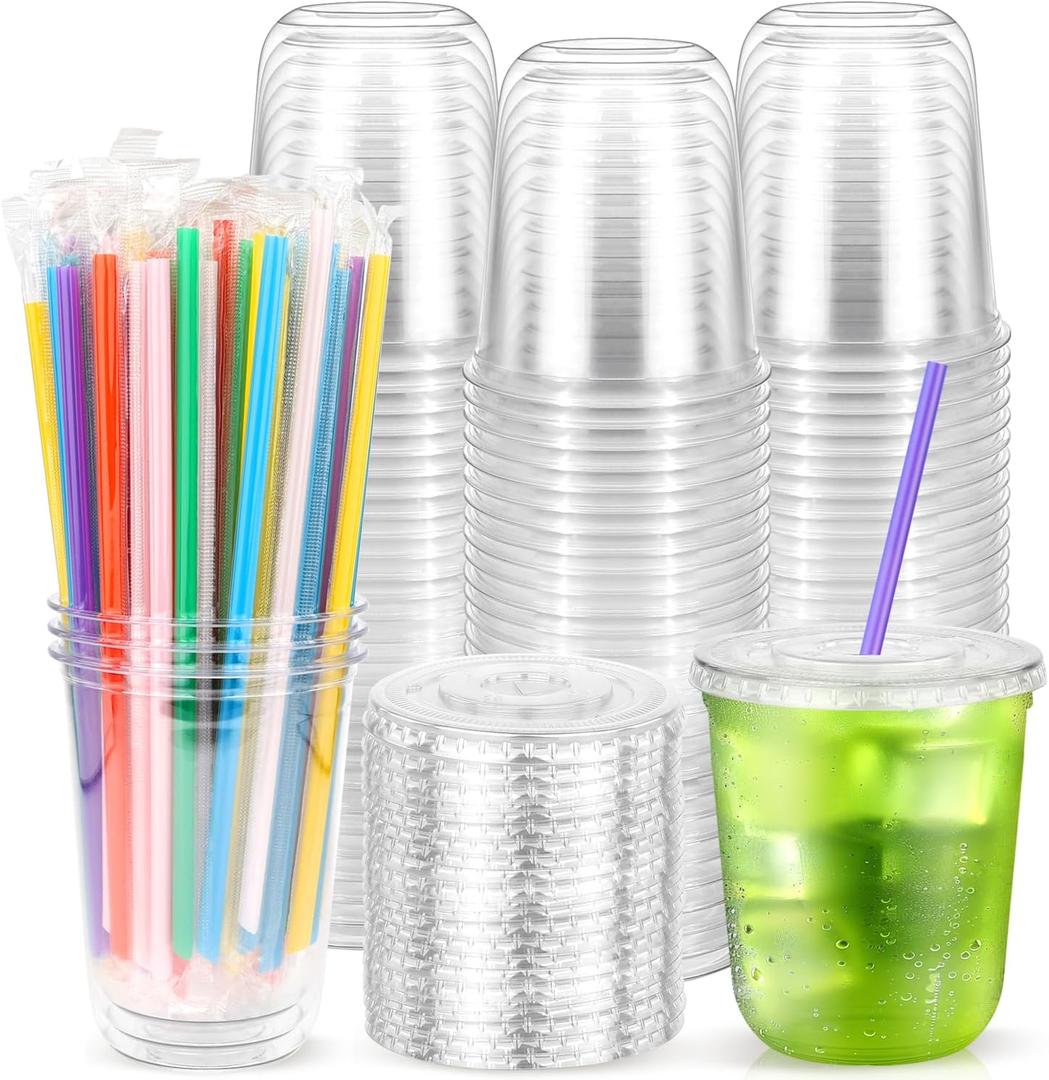 50PCS 12 oz Clear Plastic Cups with Lids and Colorful Straws, Round Bottom Disposable To Go Iced Coffee Smoothie Juice Boba Cups, PET Party Cups for Holiday, Birthdays, Picnics, Takeut, Office (EXP 11/28/35)