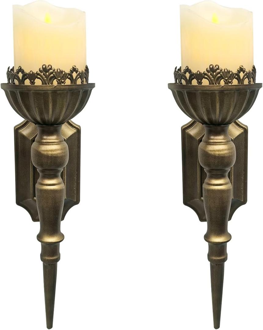 Gold Candle Sconces Set of 2 - Metal Wall Candle Holders for Pillar - Vintage Brass Wall Dcor for Living Room Bathroom Dining Room
