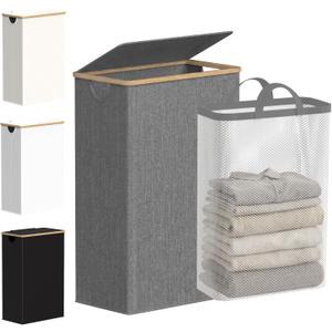 efluky Slim Laundry Basket with Lid, Narrow Laundry Hamper with Removable Bag, Skinny Dirty Clothes Basket with Bamboo Handles for Bathroom, Bedroom & Laundry Room, 75L Grey