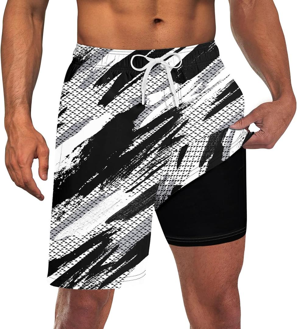 Goodstoworld Men's Funny Swim Trunks with Compression Liner 2 in 1 Quick-Dry 9" Stretch Shorts with Three Pockets (Medium, Black White / Graffiti)