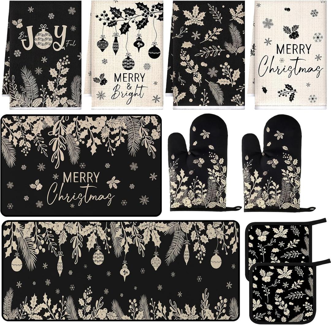 10 Pcs Winter Kitchen Decor Set Pine and Holly Kitchen Towels and Rugs Black Oven Mitts Pot Holders Absorbent Towels for Baking Cooking BBQ Gifts Home Decorwin