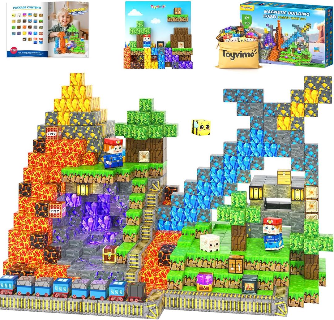 150PCS Magnetic Blocks - Build Mine Magnet World Kids Building Blocks with Magnet Board for 3 4 5 6 7 8 9 10 Year Old Boys & Girls Magnetic Tiles STEM Sensory Outdoor Toys for Kids Ages 4-8 5-7