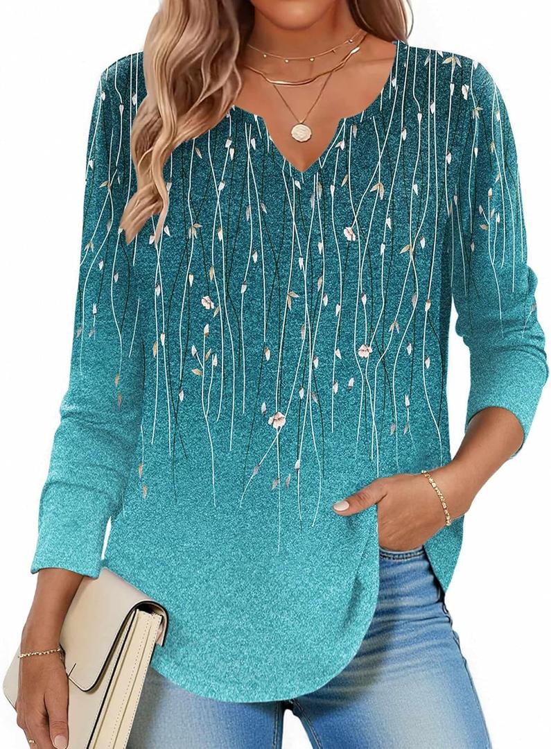 Zeagoo Long Sleeve Shirts for Women Spring Tops Casual Dressy V Neck Blouses Boho Tunic Western Clothes Vacation Outfits (Blue, L)