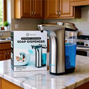 Automatic Soap Dispenser Touchless - Battery Operated Sensor Liquid Soap Pump for Kitchen Sink & Bathroom - Silver Glossy Color, 5 Adjustable Levels, IPX4 Waterproof, 17oz / 500ml