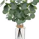 Artificial Eucalyptus Stems in Glass Vase 14" 6Pcs Faux Eucalyptus Branches Home Table Decor Fake Greenery Plants Stems for Farmhouse Wedding Centerpiece Bathroom Decorations (No Faux Water Green Eucalyptus With Vase)