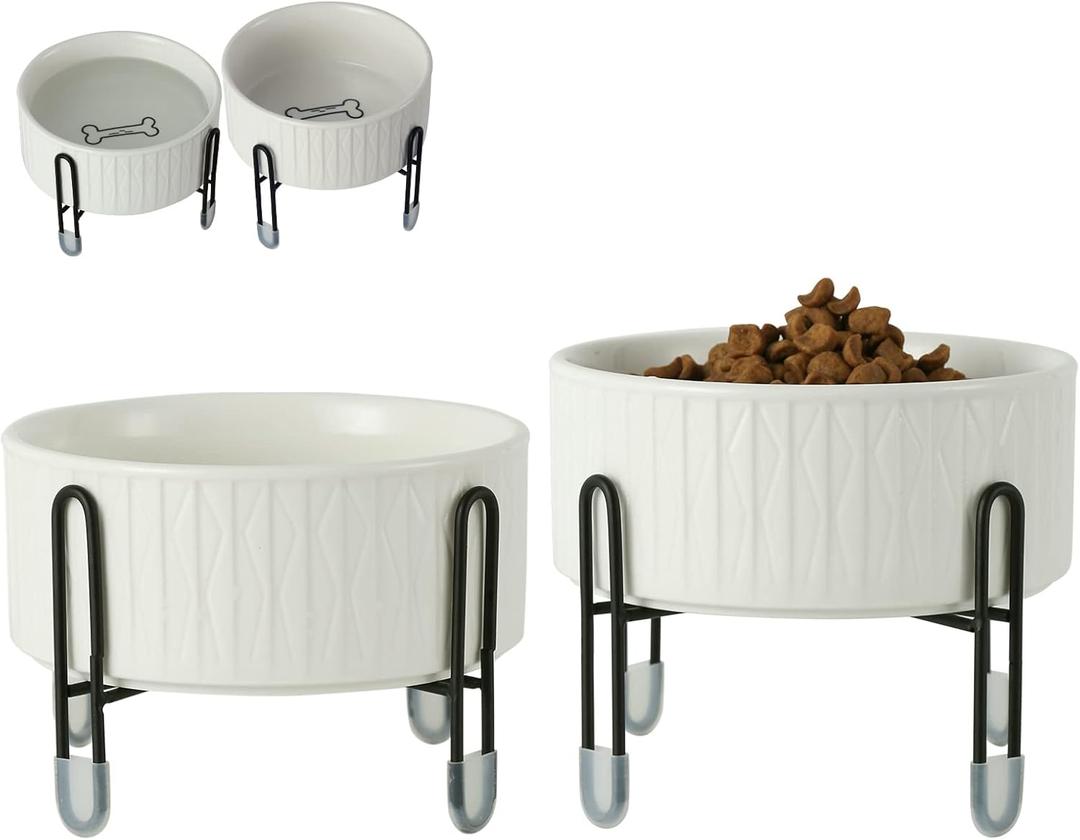 OMAYKEY 32 oz Ceramic Dog Cat Bowls with Elevated Metal Stand, 6.5 Inch Ceramic Round Pet Food and Water Feeder Bowl Dish for Cats & Dogs, White, Set of 2