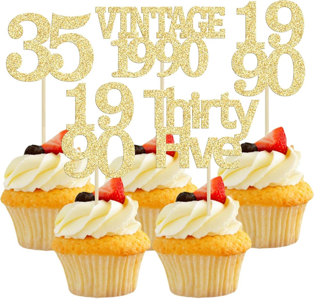 Gyufise 24Pcs Happy 35th Birthday Cupcake Toppers Glitter Thirty Five 35 Fabulous Vintage 1990 Cupcake Picks for 30th Birthday Wedding Anniversary Party Cake Decorations Supplies Gold, 2 pack