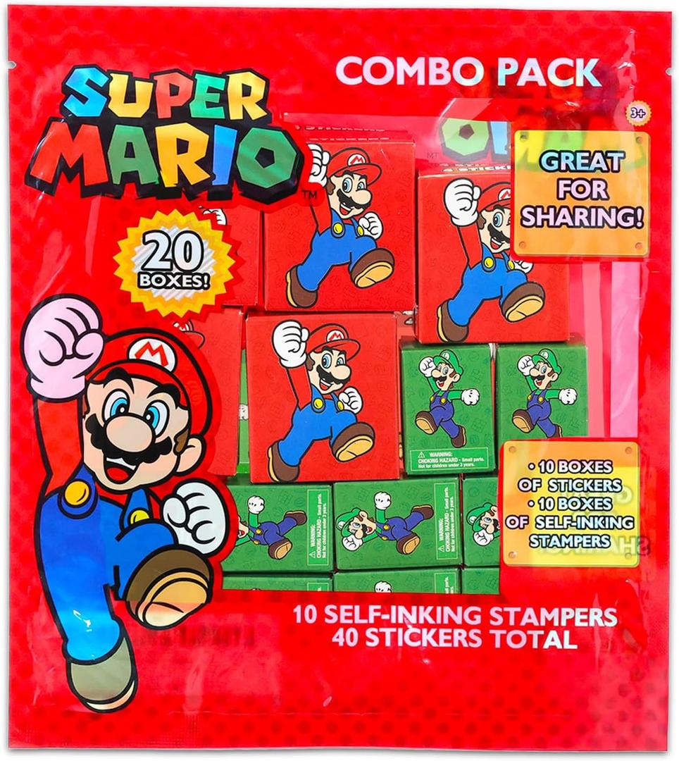 Super Mario Party Favors Bulk Set ~ Bundle with 40 Pieces Mario Favor Boxes with Stickers and Stampers for Kids Birthday Party | Mario Classroom Prize Boxes