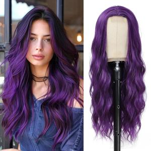 Long Purple Wavy Wigs for Women Middle Part Dark Purple Wig 26 inch Natural Curly Synthetic Wig Heat Resistant Fiber Wigs for Daily Party Use