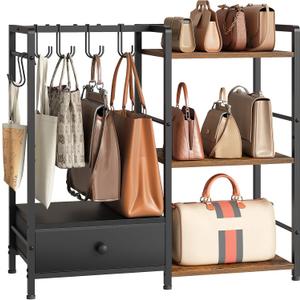HOOBRO Purse Organizer Rack for Closet, 3-Tier Handbag Storage Stand with Hooks & Drawer, Large Capacity Bag Organizer for Bedroom, Space-Saving Purse Holder for Women, Black and Rustic Brown BF28CJ01
