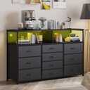Unionly 55W 10-Drawers Dresser with 2 Open Storage Shelves, TV Stand Dresser for 55,65 inch TVwith Power Outlets and LED Lights, Fabric Dressers Drawers for Bedroom, Living Room (Black), 11.8"D x 55.1"W x 35.4"H