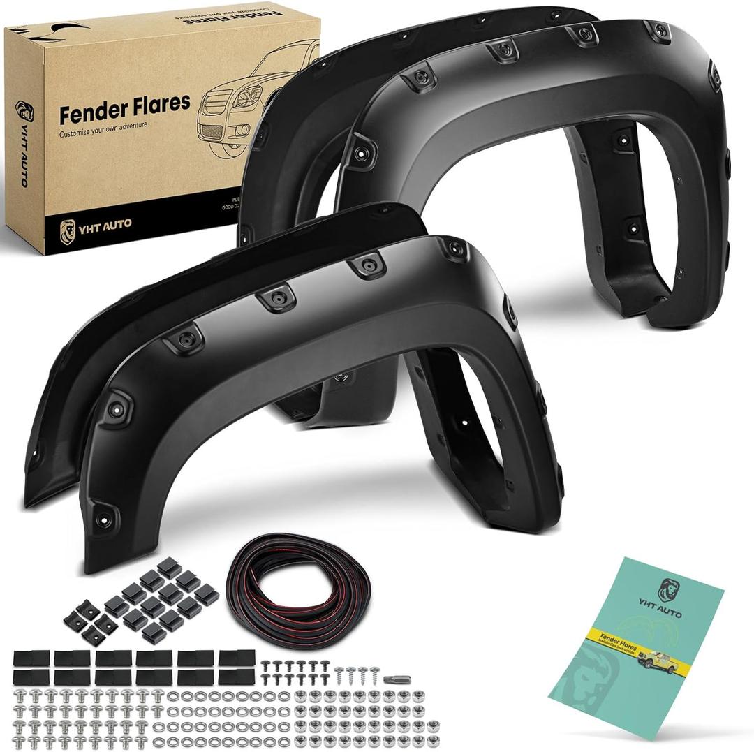 YHTAUTO Fender Flares w/Hardware Kit Compatible with 2007-2013 GMC Sierra 1500,2007-2014 Sierra 2500 HD/3500 HD 6.5' & 8' Bed (NOT for Short Bed), Pocket Bolt-Riveted Style Matt Black Wheel Flares