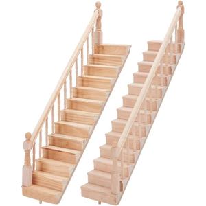 FREEBLOSS 2Pcs Wood Dollhouse Furniture Set Miniature Stairs 12 Scale Dollhouse Furniture Wooden Handrail DIY Unpainted Staircase Dollhouse Accessories