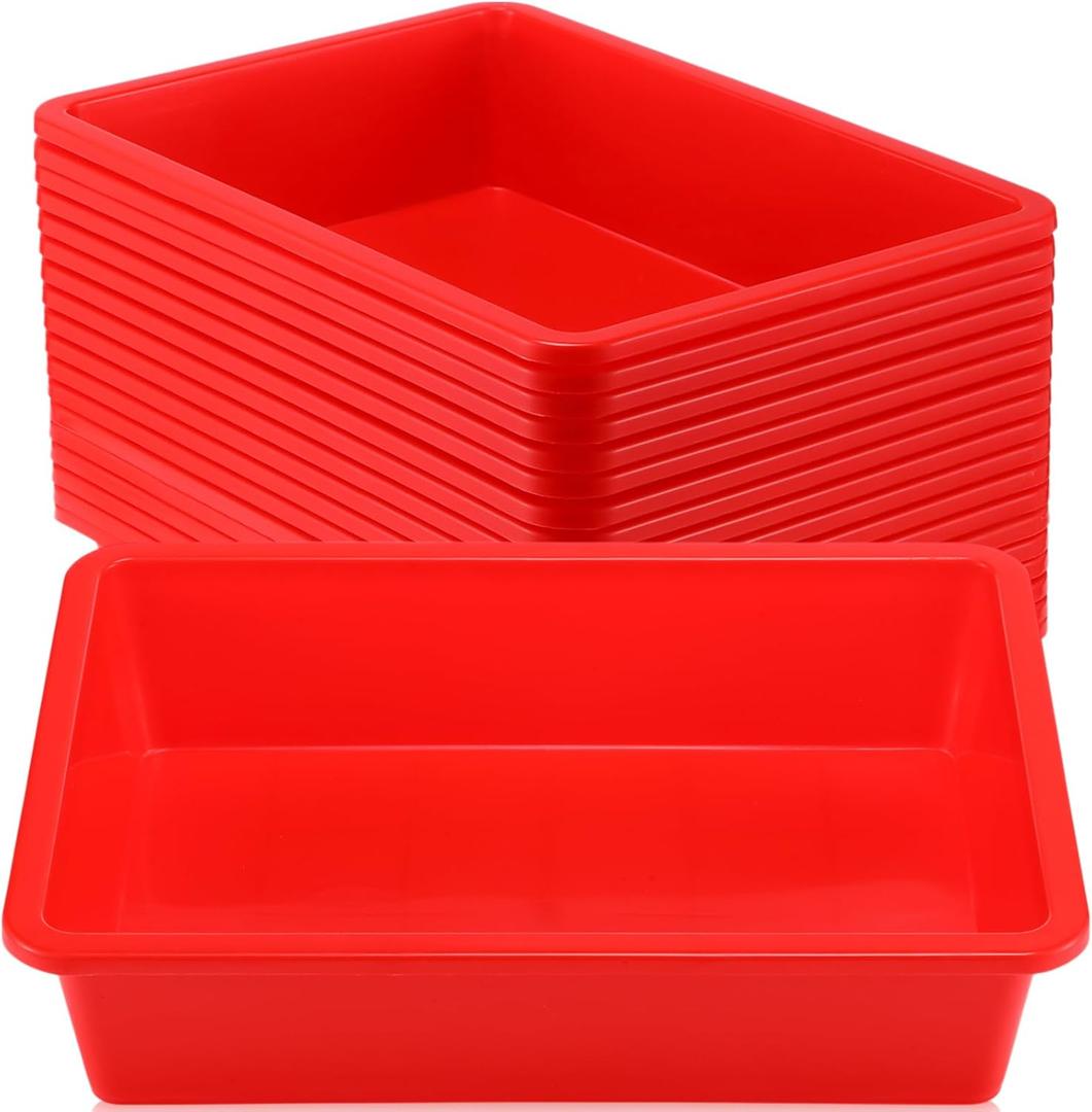 Hoteam 18 Pcs Flat Storage Organizer Bins Letter Size Paper Tray Classroom Storage Plastic Art Trays Classroom Pencil Organizer Baskets for School Office Teacher Book Organization(Red)