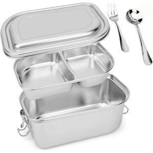 8.6'' x 5.9'' Stainless Steel Lunch Container Bento Box, Metal Lunch box, Metal Food Containers Stainless Steel Food Container, With Leakproof Lid, Fork and Spoon (21B01)