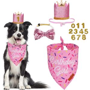 PTDECOR Dog Birthday Party Supplies, Multi Size Birthday Girl Bandana, Pink Crowns Hat Set for Large Pets (Large)