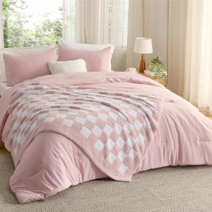 Bedsure Full Comforter Set with Checkered Throw Blanket for Couch - 4 Pieces, 1 Pink Comforter Full Size, 2 Pillow Shams, 1 Checkered Blanket, Super Soft, Lightweight & Fluffy for Bed & Sofa