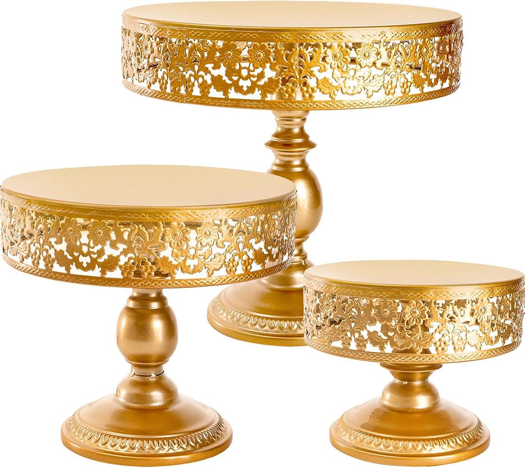 Jucoan 3 Pack Gold Metal Cake Stand Set, 8/10/12 Inch Round Cake Stand, Cupcake Display Stand, Dessert Table Display Stand for Wedding Baby Shower Birthday Christmas New Year Party Dessert Table