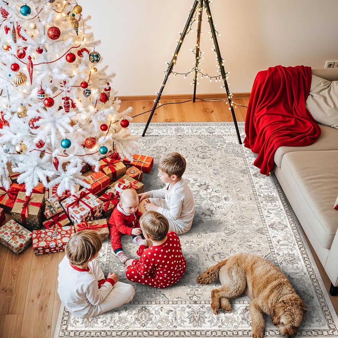4x5 Living Room Area Rugs: Washable Farmhouse Bedside Rugs Non Slip Low Pile Vintage Small Carpet for Kitchen Bedroom Non-Shedding Printed Floor Mat for Nursery Room Office Dining Room(4x5Beige)