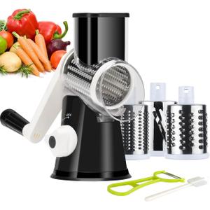Ourokhome Rotary Cheese Grater Hand Crank, Kitchen Shredder Speed Mandolin Slicer Nuts Grinder with Handle and Drum Blades for Cheese, Vegetable, Walnut, Chocolate, Potato, Carrot, 3 Blades, Black