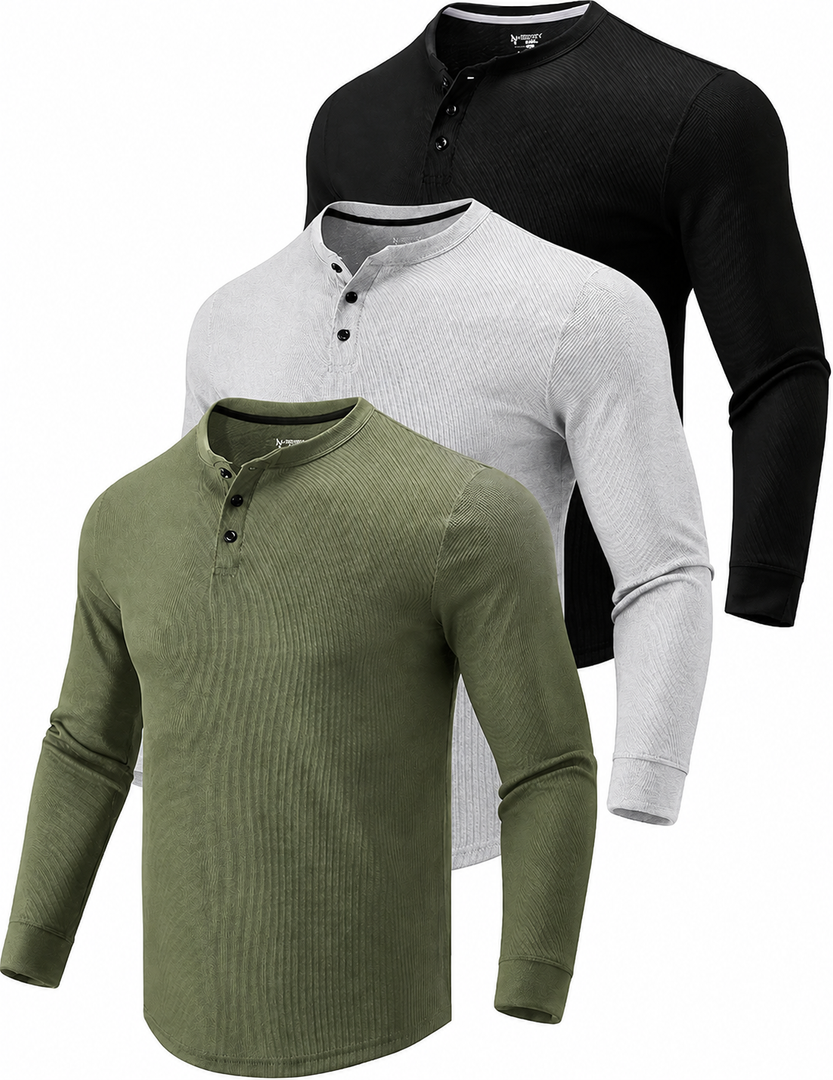 3 Pack Men’s Waffle Henley Long Sleeve Casual ShirtsBasic Thermal Pullover Tops, Stretch Cozy Fabric, Trendy Clothes, Lightweight Undershirts, Fall Winter Layering, Medium, Green, Grey, Black