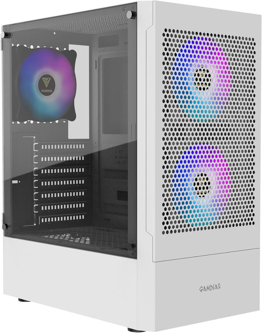 GAMDIAS White RGB Gaming ATX Mid Tower Computer PC Case with Side Tempered Glass and Excellent Airflow Design & 3 Built-in 120mm ARGB Fans