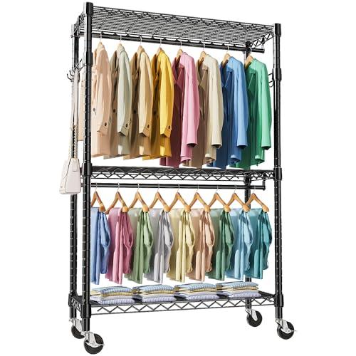 M MZG Heavy Duty Rolling Garment Rack 3 Tiers Adjustable Wire Shelving Clothes Rack with 2 Rods and Side Hooks, Storage Closet Clothing Rack with Wheels Black 17.7" D x 47.2" W x 83.6" H