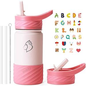BUZIO 14oz Kids Water Bottle Stainless Steel Insulated Metal Water Bottles with Straw for Toddlers, BPA-Free Double Wall Water Flask Leak Proof Tumbler for School Boys Girls with Stickers, pink