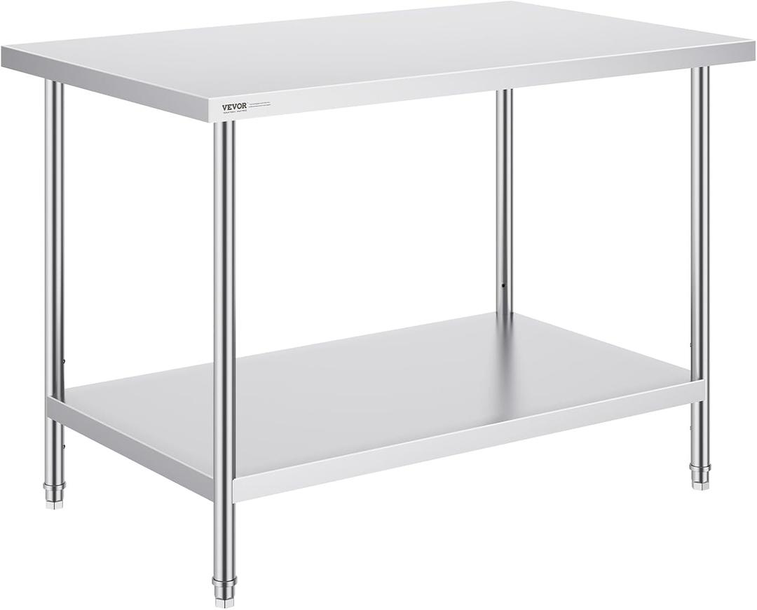 VEVOR Stainless Steel Prep Table, 30 x 48 x 34 Inch, 880 lbs Load Capacity, Heavy Duty Metal Worktable with 3 Adjustable Height Levels, Commercial Workstation for Kitchen Garage Restaurant Backyard