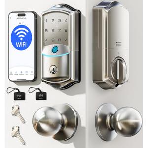 Veise VE027-K Built-in WiFi Smart Lock with 2 Knob, Fingerprint Keyless Entry Door Lock Handle Set for Front Door, App Remote Control, Electronic Digital Keypad Deadbolt, IP65 Waterproof, Satin Nickel